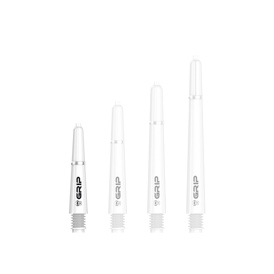 Das Bild zeigt vier weiße Bulls B-Grip-2 SL Shafts in unterschiedlichen Längen. Sie sind nebeneinander angeordnet und haben ein schwarzes "GRIP"-Logo aufgedruckt.