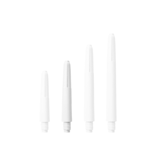 Das Bild zeigt vier Nylon Shafts in Schneeweiß, die in unterschiedlichen Längen angeordnet sind. Sie sind jeweils mit einem Schraubgewinde am unteren Ende versehen.