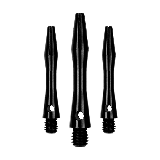 Das Bild zeigt drei schwarze Aluminium-Schäfte. Sie sind unterschiedlich lang und haben ein Schraubgewinde am unteren Ende.