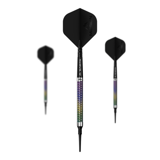 Mission Kaleidos Softdarts - 19g Mission Kaleidos Softdarts - 19g wird als Set auf dem Bild präsentiert. Mehrere Softdarts sind nebeneinander angeordnet.