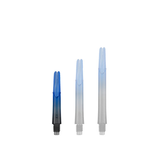 Das Bild zeigt drei unterschiedlich lange Dartschäfte in Blau und Schwarz. Sie stehen nebeneinander und haben ein gerades Design ohne Kappen.