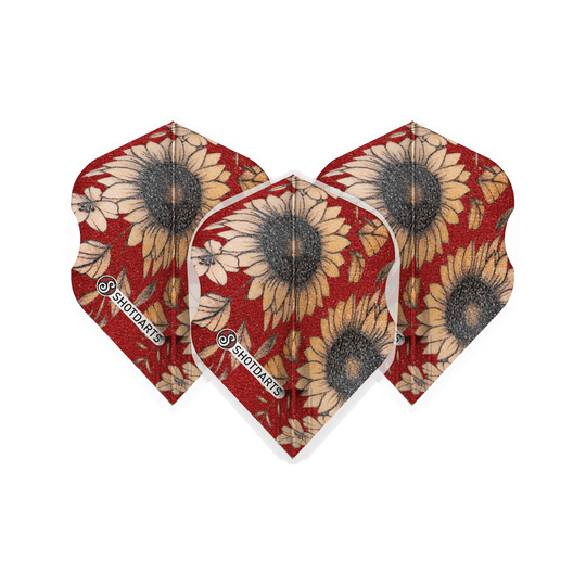 SF5438_Shot_L-Style_Sunflower_L1EZ_Flights_1ifSR43ySRPH5c Das Bild zeigt drei Dart-Flights mit Sonnenblumenmuster auf rotem Hintergrund. Die Flights sind vom Produkt "Shot L-Style Sunflower L1EZ Flights".