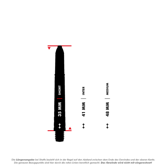 Das Bild zeigt verschiedene Längen von Dartshafts, gemessen in Millimetern: 35 mm (Short), 41 mm (Inter), und 48 mm (Medium). Die Messung erfolgt vom Ende des Gewindes bis zur oberen Kante, das Gewinde wird nicht mit einberechnet.