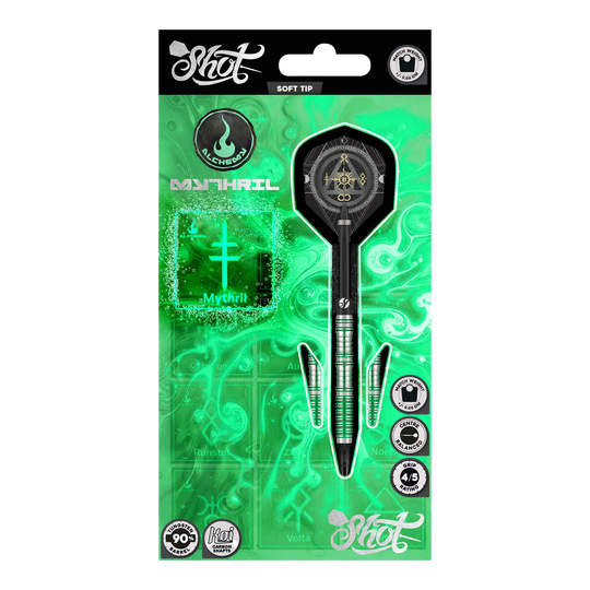Shot Alchemy Mythril Softdarts - 20g Das Bild zeigt die Shot Alchemy Mythril Softdarts mit einem Gewicht von 20g. Hier sieht man das Produkt aus einer bestimmten Perspektive.