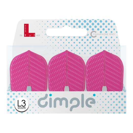 Das Bild zeigt ein Set von drei pinken Darts-Flights der Marke L-Style im Dimple-Design. Die Verpackung ist vorne mit dem Schriftzug "dimple" und "L3 Shape" versehen.
