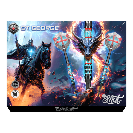 Das Bild zeigt Shot Future Knights St George Softdarts mit einem Gewicht von 20g. Die Softdarts sind detailliert gestaltet und für Dartspieler geeignet.
