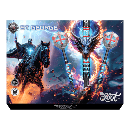 Shot Future Knights St George Softdarts - 20g Das Bild zeigt Shot Future Knights St George Softdarts mit einem Gewicht von 20g. Die Softdarts sind detailliert gestaltet und für Dartspieler geeignet.