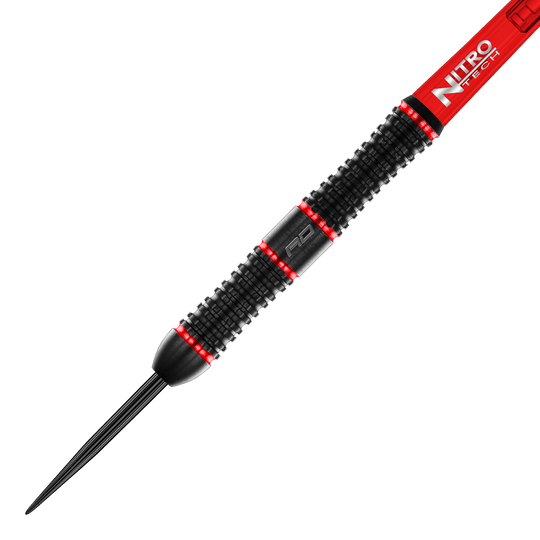 Red Dragon Jason Watt Steeldarts - 22g Das Bild zeigt den "Red Dragon Jason Watt Steeldart" mit einem Gewicht von 22 Gramm. Der Dart ist überwiegend schwarz mit roten Akzenten und hat eine geriffelte Griffoberfläche.