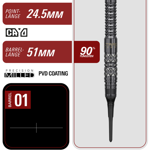 Target Black Marque Creed Softdarts - 21,5g Die Target Black Marque Creed Softdarts mit 21,5g sind auf diesem Foto zu sehen. Sie werden deutlich und von der Seite präsentiert.