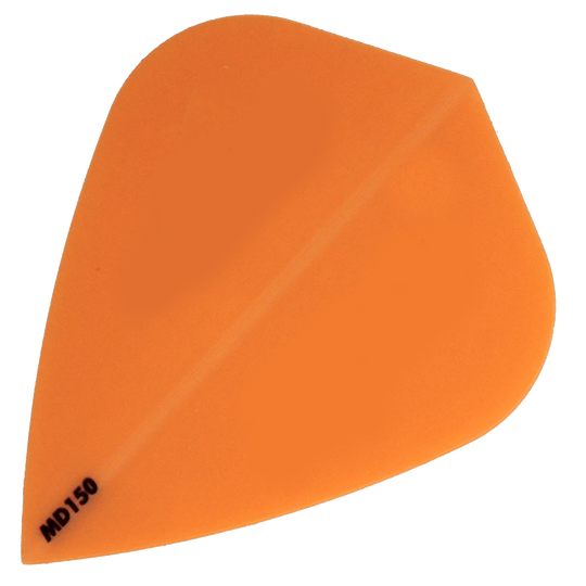 Das Bild zeigt das Produkt "McDart MD150 - Kite Flight", eine orangene Dart-Flugfeder. In der unteren linken Ecke steht die Bezeichnung "MD150".