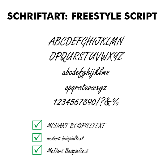 Flightdruck-Schriftart-Freestyle-ScriptYG20MbZqMjgTb Das Bild zeigt die Schriftart „Freestyle Script“ mit Beispielen für Großbuchstaben, Kleinbuchstaben, Zahlen und Sonderzeichen. Unten werden verschiedene Beispieltexte in dieser Schriftart dargestellt, jeweils mit einem grünen Häkchen.