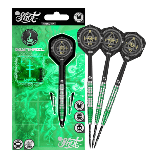 Shot Alchemy Mythril Steeldarts Auf dem Bild sind die Shot Alchemy Mythril Steeldarts komplett zu sehen. Sie überzeugen durch ihre edle Optik.
