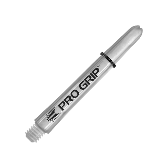 Das Bild zeigt einen transparenten Pro Grip Schaft für Darts. Auf dem Schaft steht deutlich der Schriftzug "PRO GRIP".