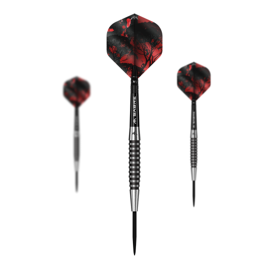 Mission Kunai Black PVD Steeldarts - 23g Auf diesem Bild sieht man das Set Mission Kunai Black PVD Steeldarts - 23g. Das Set besteht aus mehreren schwarzen Steeldarts mit einem Gewicht von 23 Gramm.