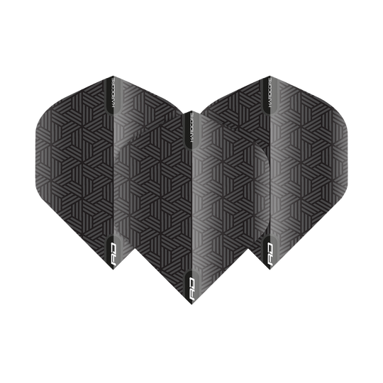 Das Bild zeigt die Red Dragon Hardcore Black Standard Flights. Sie sind schwarz mit einem geometrischen Muster und weißer Beschriftung.