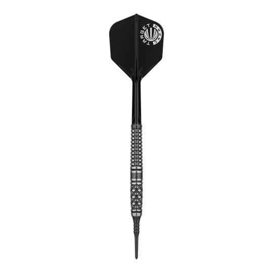 Target Japan Paul Lim The Legend GEN8 Softdarts - 19g Das Bild zeigt einen Softdart mit schwarzer Spitze, silbernem, strukturiertem Barrel und schwarzer Flight. Auf dem Flight steht in Weiß „TARGET JAPAN“.