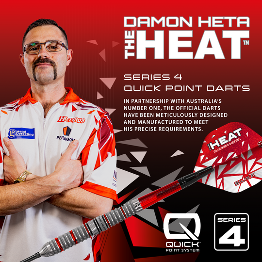 Harrows Damon Heta Series 4 Quick Point Steeldarts Hier sind die Harrows Damon Heta Series 4 Quick Point Steeldarts abgebildet. Die Darts sind auf weißem Hintergrund dargestellt.
