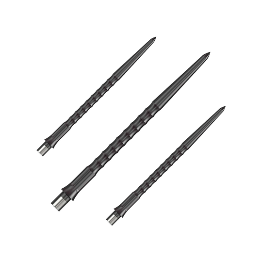 Das Foto zeigt ein Set schwarzer Caliburn Evo System Steeldartspitzen mit 40 mm Länge. Es sind mehrere Spitzen nebeneinander abgebildet.