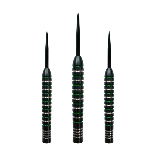 McDart Silver Green Steeldart Barrels Abgebildet ist ein Set der McDart Silver Green Steeldart Barrels. Die Form der Barrels ist zylindrisch.
