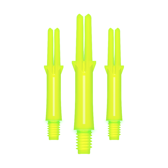 L-Style L-Shafts Locked Straight - Neon Yellow 190 Auf dem Bild sind drei neon-gelbe, gerade Dartschäfte zu sehen. Sie haben ein Schraubgewinde am unteren Ende und sind in verschiedenen Längen dargestellt.