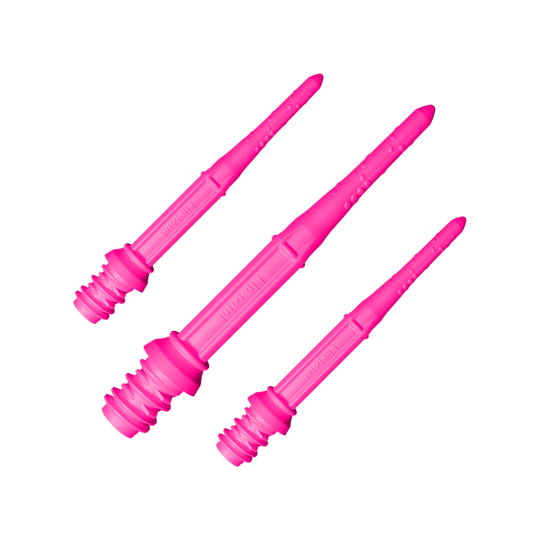 Das Bild zeigt drei pinke Dartspitzen des Produkts "L-Style Premium Lippoints 30 (30er Pack) - 30mm". Sie sind länglich und haben eine strukturierte Oberfläche.