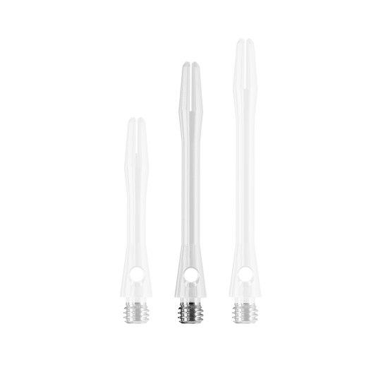 HR373_Harrows_Keramic_Shafts_Weiss_41mm_1 Das Bild zeigt drei weiße Harrows Keramic Shafts in unterschiedlichen Längen. Sie haben einen Metallgewindeanschluss am unteren Ende.