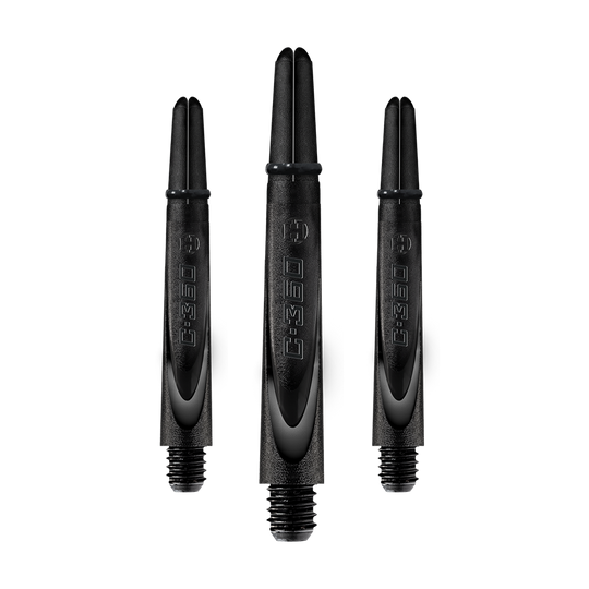 HR459_Harrows_Carbon_360_Shafts_Schwarz_42mm_1WRscEGxlOd8Ig Das Bild zeigt drei schwarze Dartschäfte aus Carbon. Auf jedem Schaft ist die Beschriftung "C-360" zu sehen.