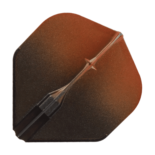 Das Bild zeigt ein Dartflight in einem zweifarbigen Design, schwarz und orange. Das Flight hat eine standardisierte, kantige Form und einen glatten Farbverlauf.
