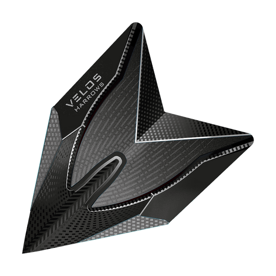 HR1014_Harrows_Smokey_2020_Velos_Flights_1 Dies ist ein Harrows Smokey Velos Flight für Darts. Das Flight hat ein modernes, schwarzes Design mit grafischen Mustern.