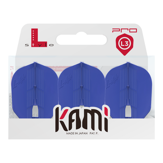 L-Style KAMI L3PRO Flights Das Bild zeigt eine Verpackung mit drei blauen Dart-Flights der Marke L-Style. Auf der Verpackung steht "kami" und "Made in Japan".