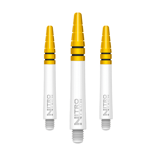 Das Bild zeigt drei Red Dragon Nitrotech Shafts in Weiß und Gold mit einer Länge von 39 mm. Die Shafts haben einen weißen Schaft und einen goldenen Kopf.