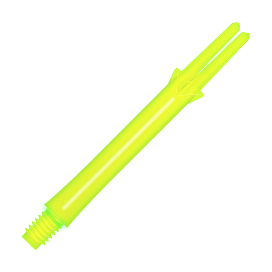 L-Style L-Shafts Locked Straight - Neon Yellow 330 Das Bild zeigt einen neon-gelben geraden Dart-Schaft mit Gewinde an einem Ende. Der Schaft ist 46 mm lang und hat einen geschlitzten oberen Teil für die Befestigung der Flights.