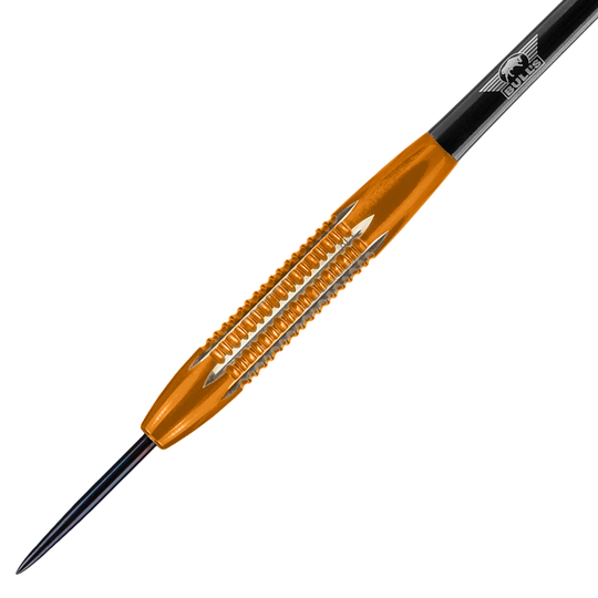 Dies ist ein Steeldart aus Messing mit orangener und silberner Farbe. Er trägt den Namen "Bulls NL Martijn Kleermaker Dutch Giant Brass Steeldarts - 21g".