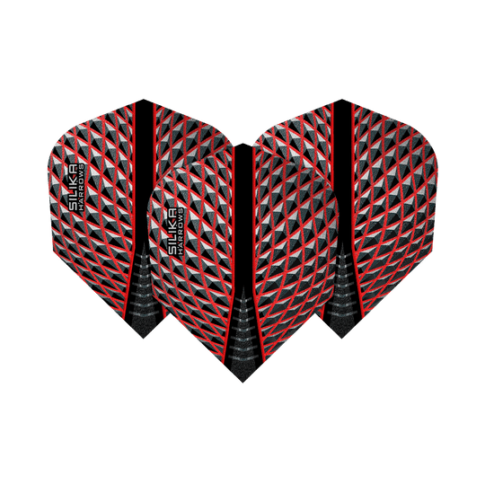 HR80_Harrows_Silika_Red_No6_Flights_15UyhR3HlXt4ok Das Bild zeigt die Harrows Silika Red No6 Flights. Sie haben ein auffälliges Muster in Rot, Schwarz und Silber.