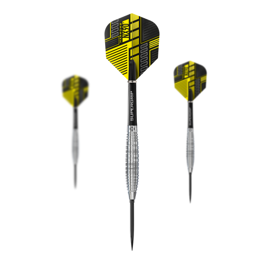 Harrows NX90 Bomb Quick Point Steeldarts Das Bild zeigt das Set Harrows NX90 Bomb Quick Point Steeldarts. Es handelt sich um spezielle Steeldarts für das Präzisionsspiel.