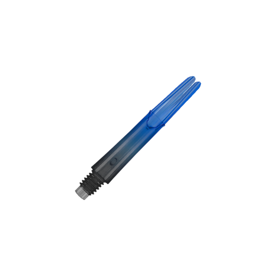 Auf dem Bild ist ein blauer, transparenter Dart-Schaft zu sehen. Der Schaft hat ein gerades Design und ein schwarzes Gewinde am unteren Ende.