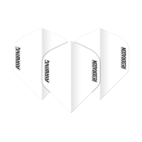 Das Bild zeigt drei weiße Dartflights des Modells "Red Dragon Airwing White Standard Flights". Auf den Flights stehen die Wörter "AIRWING" und "REDDRAGON" in schwarzer Schrift.