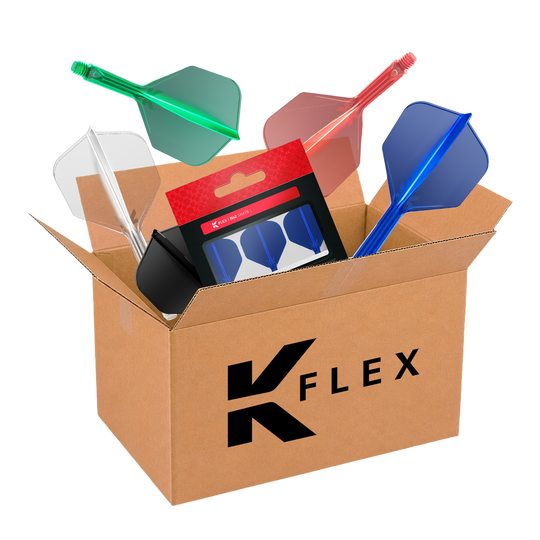 McDart Mystery-Box - K-Flex Auf dem Bild ist die McDart Mystery-Box mit K-Flex-Zubehör zu sehen. Die Mystery-Box enthält verschiedene Überraschungsartikel für Dartspieler.