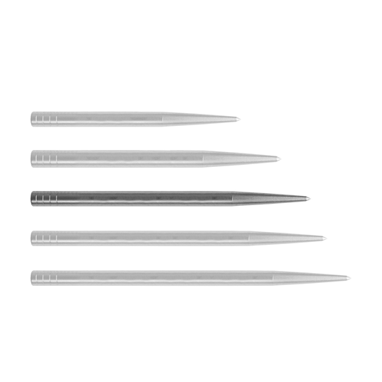Condor Beak Point Without Cut Dartspitzen Auf dem Bild sind fünf silberne Dartspitzen nebeneinander zu sehen. Sie sind aus Metall und haben alle eine schmale, spitze Form.