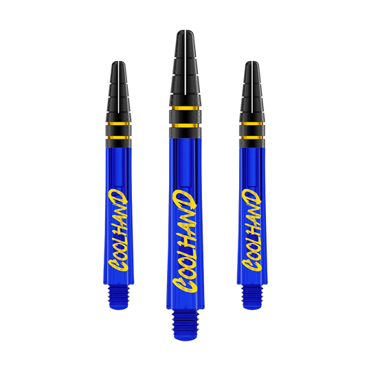 Red Dragon Nitrotech Luke Humphries Coolhand Shafts - Blau Das Bild zeigt drei blaue Dartschäfte mit der gelben Aufschrift "COOLHAND". Die Schäfte haben schwarze und goldene Ringe am oberen Ende.