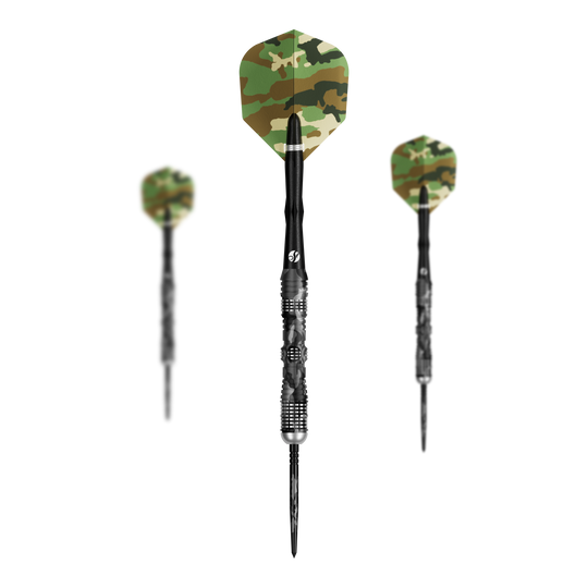 Shot Camo Longshot Turbo Point Steeldarts 23 Gramm werden dargestellt. Sie besitzen ein spezielles Muster.