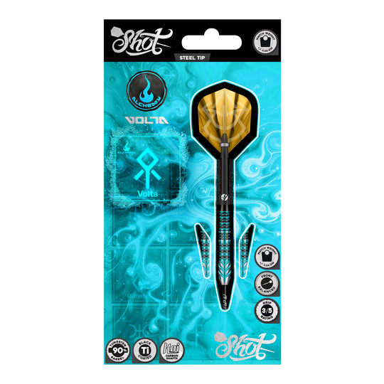 Shot Alchemy Volta Steeldarts Gezeigt werden die Shot Alchemy Volta Steeldarts. Das Produkt ist zum Spielen auf Steeldart-Scheiben geeignet.