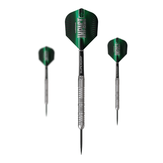 Harrows Impact Steeldarts Dieses Bild präsentiert ein Set Harrows Impact Steeldarts. Das Set umfasst mehrere Darts für Steeldartspiele.
