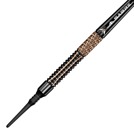 Mission Horus Softdarts - 19g Das Bild zeigt einen Mission Horus Softdart mit einem Gewicht von 19 Gramm. Der Dart hat ein elegantes Design mit goldfarbenen und schwarzen Elementen.