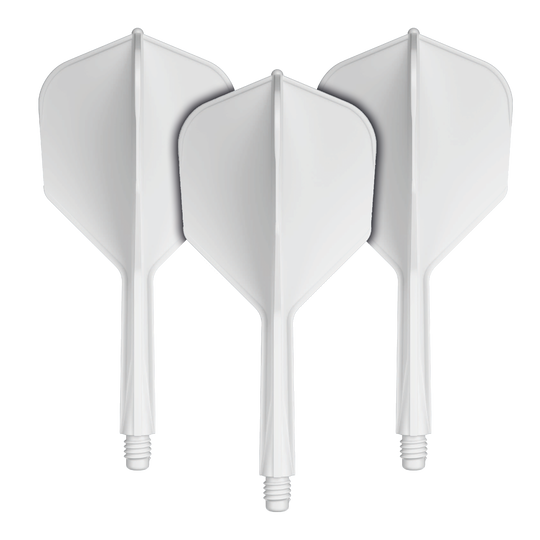 Das Bild zeigt drei weiße Dart-Flights mit Schaft. Sie sind nebeneinander angeordnet und haben ein einfaches, modernes Design.