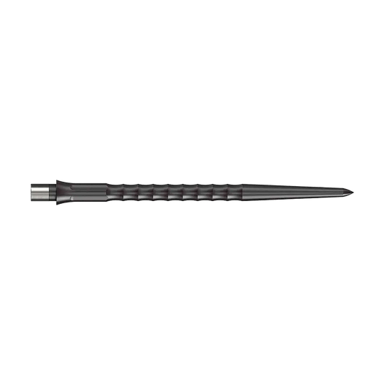Das Bild zeigt Steeldartspitzen des Caliburn Evo Systems in Schwarz, 40 mm lang. Zwei Spitzen sind sichtbar, die Oberfläche ist geriffelt ohne Lippe.