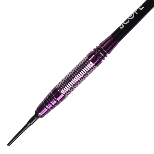 Das Bild zeigt die McDart Purple Brass Softdarts mit 18g Gewicht. Die Darts haben ein lila Design und sind für Softdart geeignet.