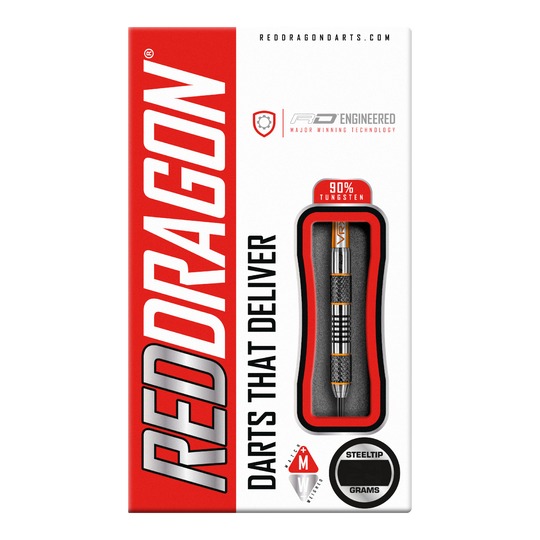 Red Dragon Amberjack 5 Steeldarts - 24g Die Abbildung zeigt die Verpackung der "Red Dragon Amberjack 5 Steeldarts - 24g". Auf der Packung sind ein sichtbarer Dartpfeil und die Aufschrift "Darts That Deliver" zu sehen.