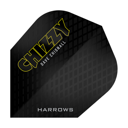 Harrows Dave Chisnall Chizzy Series 3 Flights Das Bild zeigt ein schwarzes Dartflight mit einem Muster und der Aufschrift "CHIZZY DAVE CHISNALL" in gelben und weißen Buchstaben. Unten steht außerdem das Wort "HARROWS".
