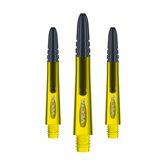Das Bild zeigt drei gelbe Winmau Vecta Shafts für Dartpfeile. Die Shafts haben schwarze Spitzen und das Wort "Vecta" ist auf ihnen zu sehen.